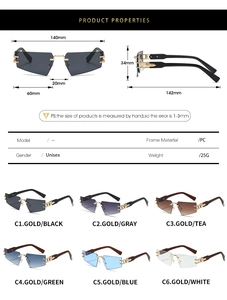 Detailed technical diagram of rimless triangle sunglasses with precise frame measurements