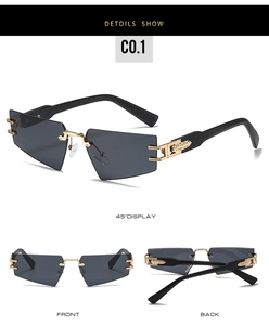 Detailed multi-angle views of rimless geometric sunglasses with gray hexagonal cut lenses