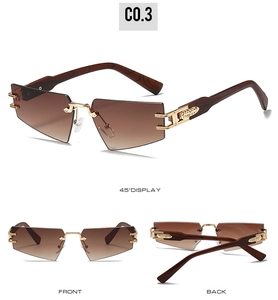 Frameless triangle sunglasses with brown gradient lenses and wood grain temples details