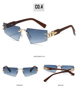 Detailed views of rimless geometric sunglasses with blue gradient lenses and wood grain arms