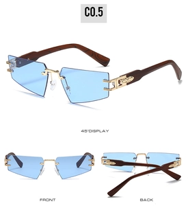Three views of rimless sunglasses with blue geometric lenses and wood grain temples
