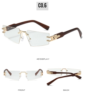 Detailed view of rimless triangular glasses with wood-textured temples and gold hinges