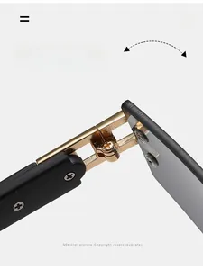 Detailed macro view of durable gold metal hinges and screws on rimless sunglasses