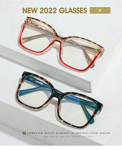 Detail view of stylish retro TR frames with blue light filtering and dual-tone finish