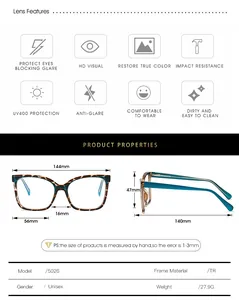 Detailed size chart for TR cat-eye glasses showing frame dimensions and material specs