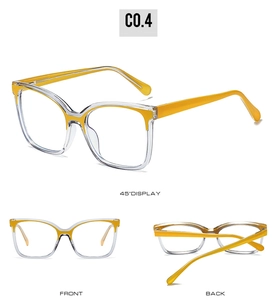 Three-view display of cat-eye frames in yellow and transparent contrast colors