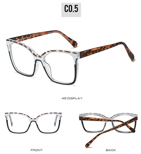 Detail views of retro cat-eye glasses with TR frame showing 45-degree and front angles