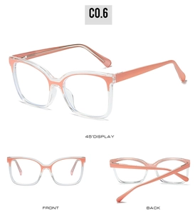 Detail view of retro cat eye TR glasses frame in transparent honey pink C0.6 color
