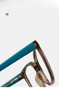 Detail of metal hinge on cat-eye glasses with brown tortoise and blue elastic frame