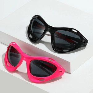 Y2K wraparound sports sunglasses with hollow-out frames in black and hot pink colors