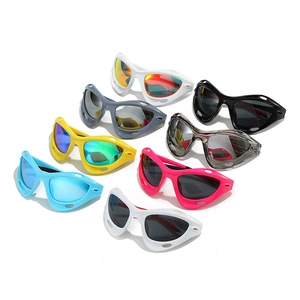 Fashionable Y2K wrap-around sports sunglasses with colorful lenses in eight vibrant frame colors