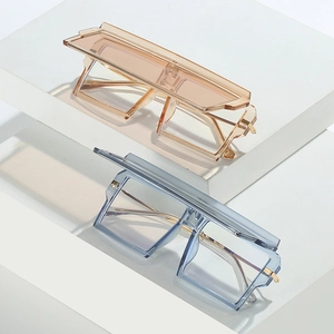 Oversized trendy square sunglasses in transparent tan and blue with metal hinges