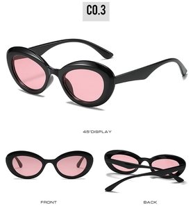 Vues détaillées des lunettes de soleil ovales rétro avec monture noire et verres roses