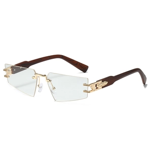 Frameless geometric sunglasses with triangle lenses and brown wood grain temples