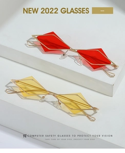 Makro-Detail der geometrischen Rauten-Sonnenbrille mit schmalem Metallrahmen und Gläsern