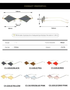 Größentabelle für geometrische Metall-Sonnenbrillen mit Maßen und sechs Farbvarianten