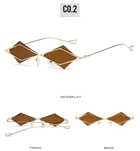 Drei-Sichten-Anzeige der geometrischen Sonnenbrille mit Goldrahmen und braunem Glas