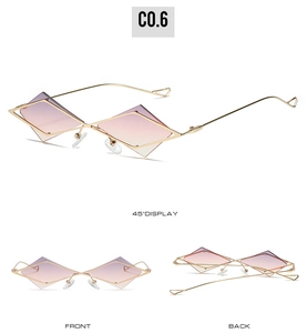 Detailansichten der geometrischen Goldsonnenbrille mit lila Verlaufsgläsern in Diamantform