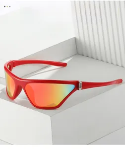 Detailed view of red cat eye sports sunglasses with colorful gradient reflective lenses