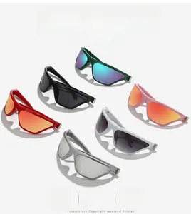 Detailed close-up showing six vibrant Y2K sporty cat-eye sunglasses with colorful lenses