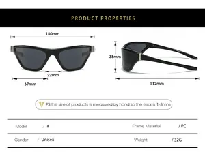 Detailed size specifications for futuristic Y2K cat-eye sports sunglasses with PC frame