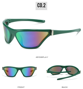 Detail view of green Y2K sporty sunglasses with iridescent lenses and streamlined temples