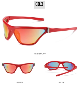 Three-angle view of red Y2K cat eye sunglasses with vibrant colorful reflective lenses