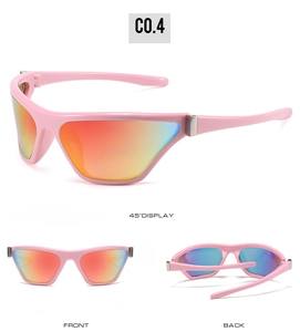 Three-way view of pink Y2K sports sunglasses with colorful mirror lenses and frame details
