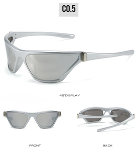 Three perspectives of silver Y2K futuristic cat-eye sports sunglasses with dark grey lenses