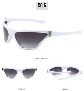 Three-view display showing white frame cat-eye sunglasses with silver metal detail