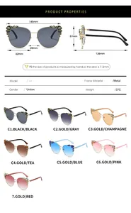 Detailed size chart and specifications for oversized cat-eye rhinestone sunglasses
