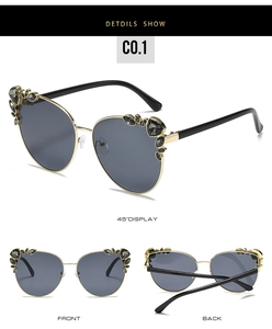 Detailed multi-angle views of cat eye sunglasses with rhinestones and metal frames