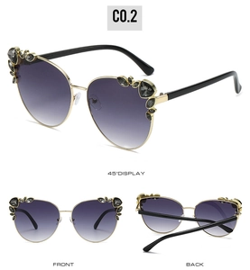 Three views of cat-eye sunglasses featuring rhinestone accents and purple gradient lenses