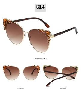 Detail showing oversized cat-eye sunglasses with rhinestone trim and tortoiseshell temples