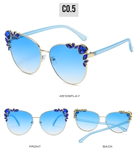 Multi-angle view of cat eye sunglasses with blue rhinestones and gradient lenses