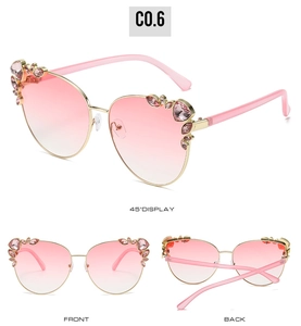 Detailed views of gold sunglasses with pink gradient lenses and side rhinestone accents
