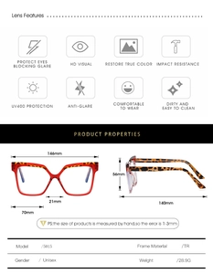 Detailed size specifications for large TR90 anti-blue light glasses frame in tortoise shell