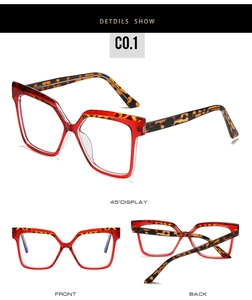 Detail view of TR90 large frame glasses with red tortoiseshell finish and blue light filter
