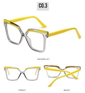 Detailed views of TR90 large cat-eye glasses frame in yellow and gradient transparent