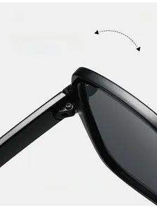 Détail de la charnière robuste sur les lunettes de soleil carrées noires avec vis métalliques