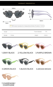 Detailed dimension guide for cat-eye sunglasses with unique rhinestone petal frames