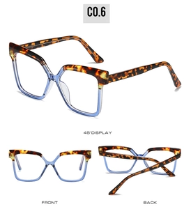 Three-view display of TR90 square glasses in tortoiseshell and translucent blue frame