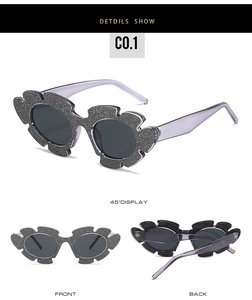 Detailed views of creative petal-shaped sunglasses with shimmering glitter frames and purple arms