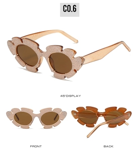 Detailed multi-angle view of cat-eye sunglasses with champagne glitter flower frames
