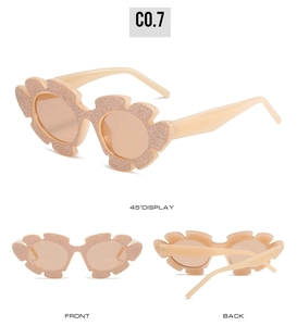 Detailed views of dusty pink flower-shaped children's sunglasses with glitter frames