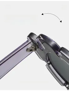 Detailed close-up of durable metal hinge and purple cat-eye sunglasses frame