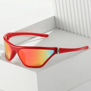Red Y2K cat eye sports sunglasses with iridescent lenses on white geometric stairs
