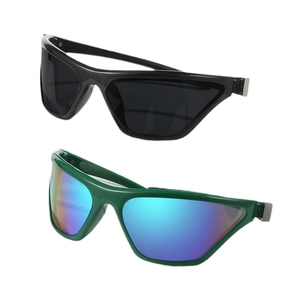 Y2K futuristic sports sunglasses in black and shiny green with blue mirror lenses