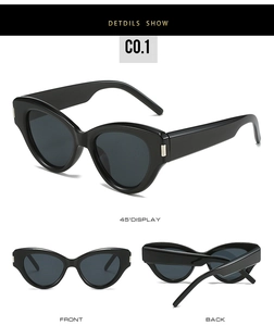 Drei-Winkel-Ansicht der schwarzen Cat-Eye-Sonnenbrille mit dunklen Gläsern und Silberdekor