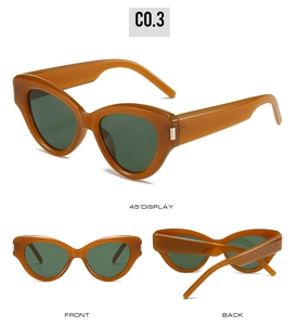 Detailansichten der bernsteinfarbenen Cat-Eye-Sonnenbrille mit dunkelgrünen Gläsern